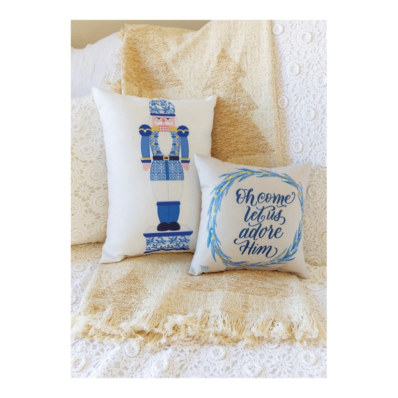 Blue White Christmas Oh Come Let Us Adore Him Climaweave Pillow SDBWC